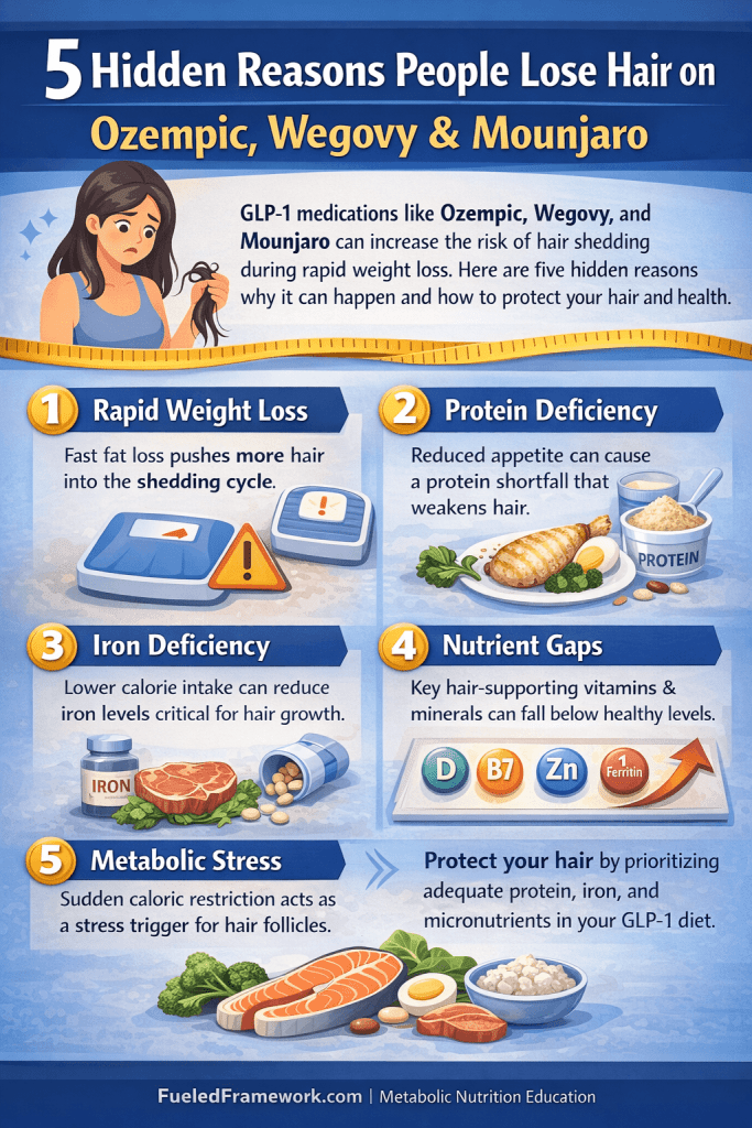 Infographic showing 5 reasons for hair loss during GLP-1 weight loss including rapid weight loss, protein deficiency, iron deficiency, nutrient gaps, and metabolic stress from Ozempic, Wegovy, and Mounjaro