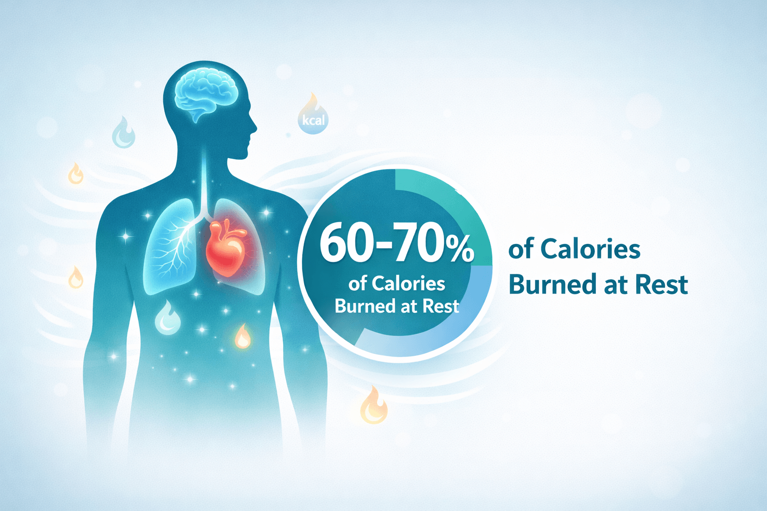 Basal metabolic rate illustration showing a human body burning 60–70% of calories at rest, highlighting metabolism and energy use without exercise.