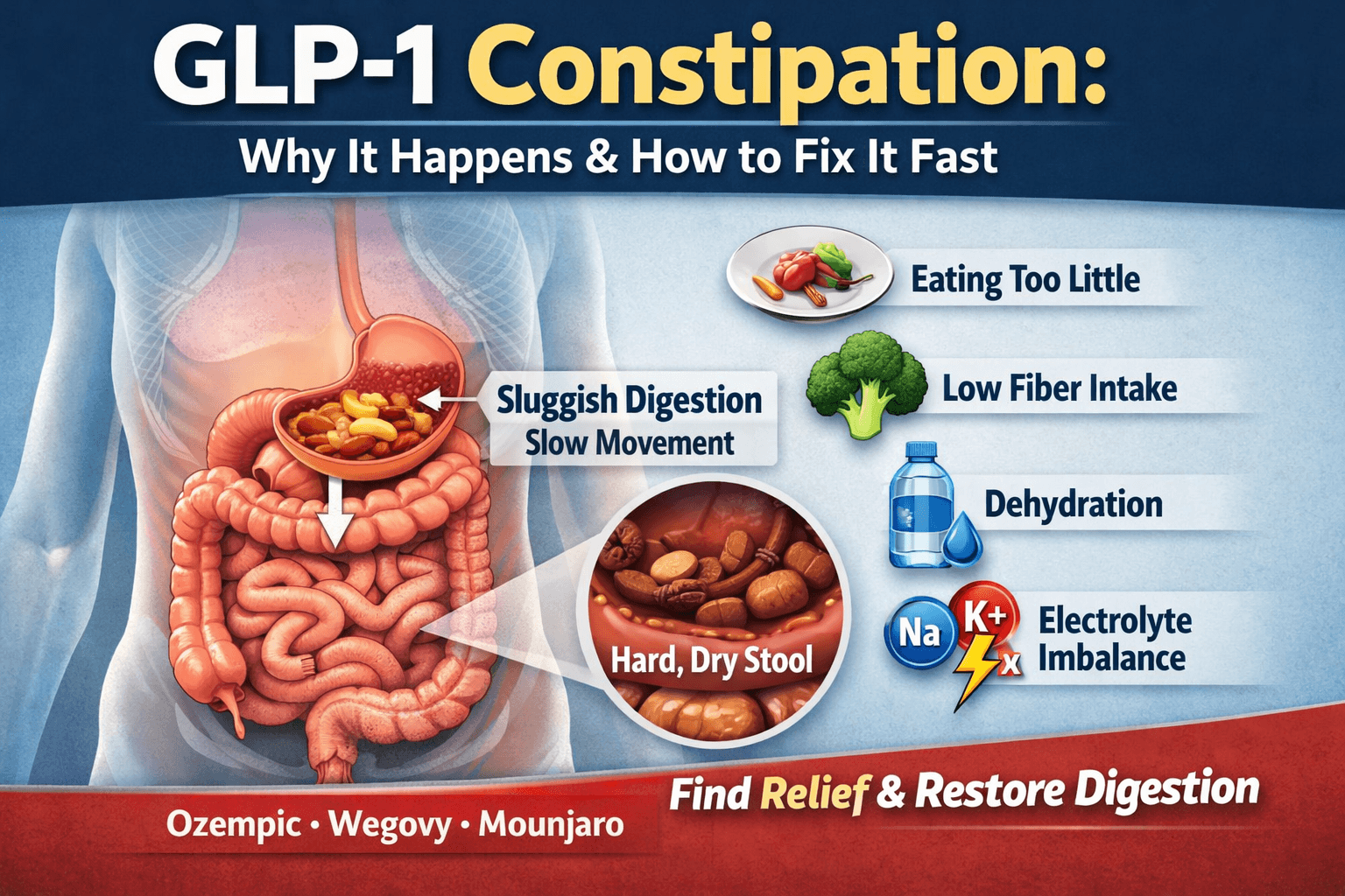 GLP-1 constipation illustration showing slowed digestion, bloating, and causes like low fiber, dehydration, and reduced food intake on Ozempic, Wegovy, and Mounjaro