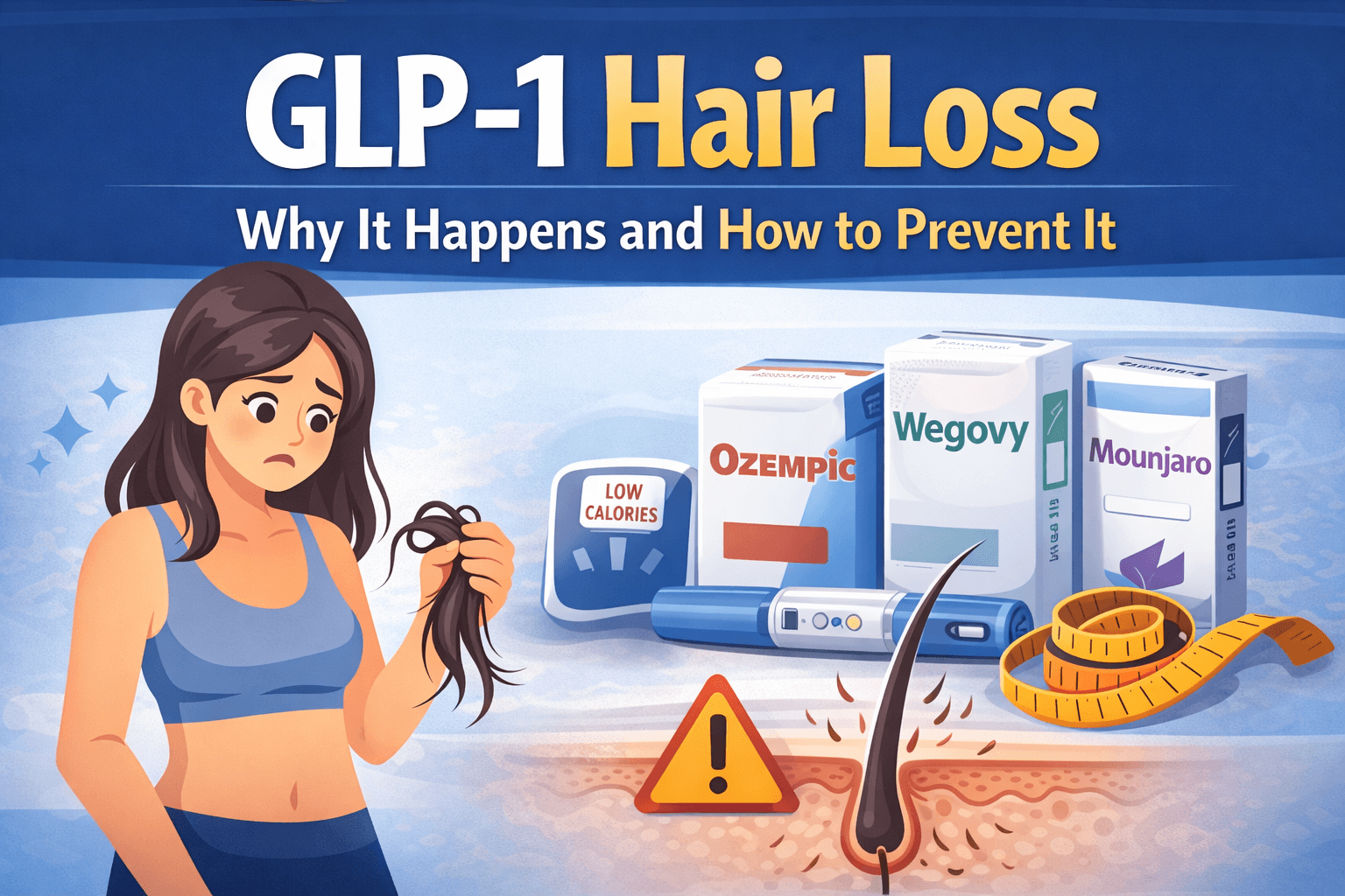 Woman experiencing hair shedding while using GLP-1 medications Ozempic Wegovy and Mounjaro during rapid weight loss
