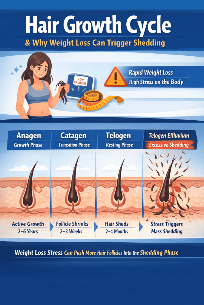 Hair growth cycle diagram showing anagen catagen telogen phases and telogen effluvium caused by rapid weight loss