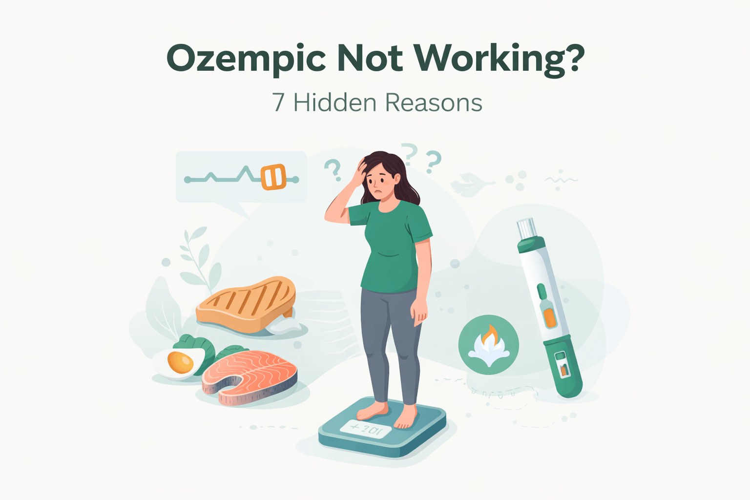 Frustrated person standing on a scale showing no weight loss while using Ozempic, surrounded by protein foods, metabolism icons, and a GLP-1 injection pen representing a weight loss plateau.