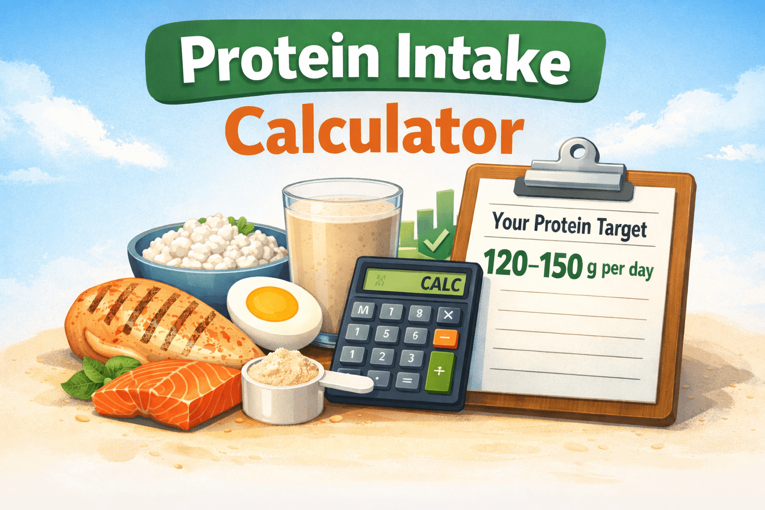 Protein intake calculator illustration showing high-protein foods like chicken, salmon, eggs, cottage cheese, and protein shake beside a calculator and clipboard displaying a daily protein target of 120–150 grams.