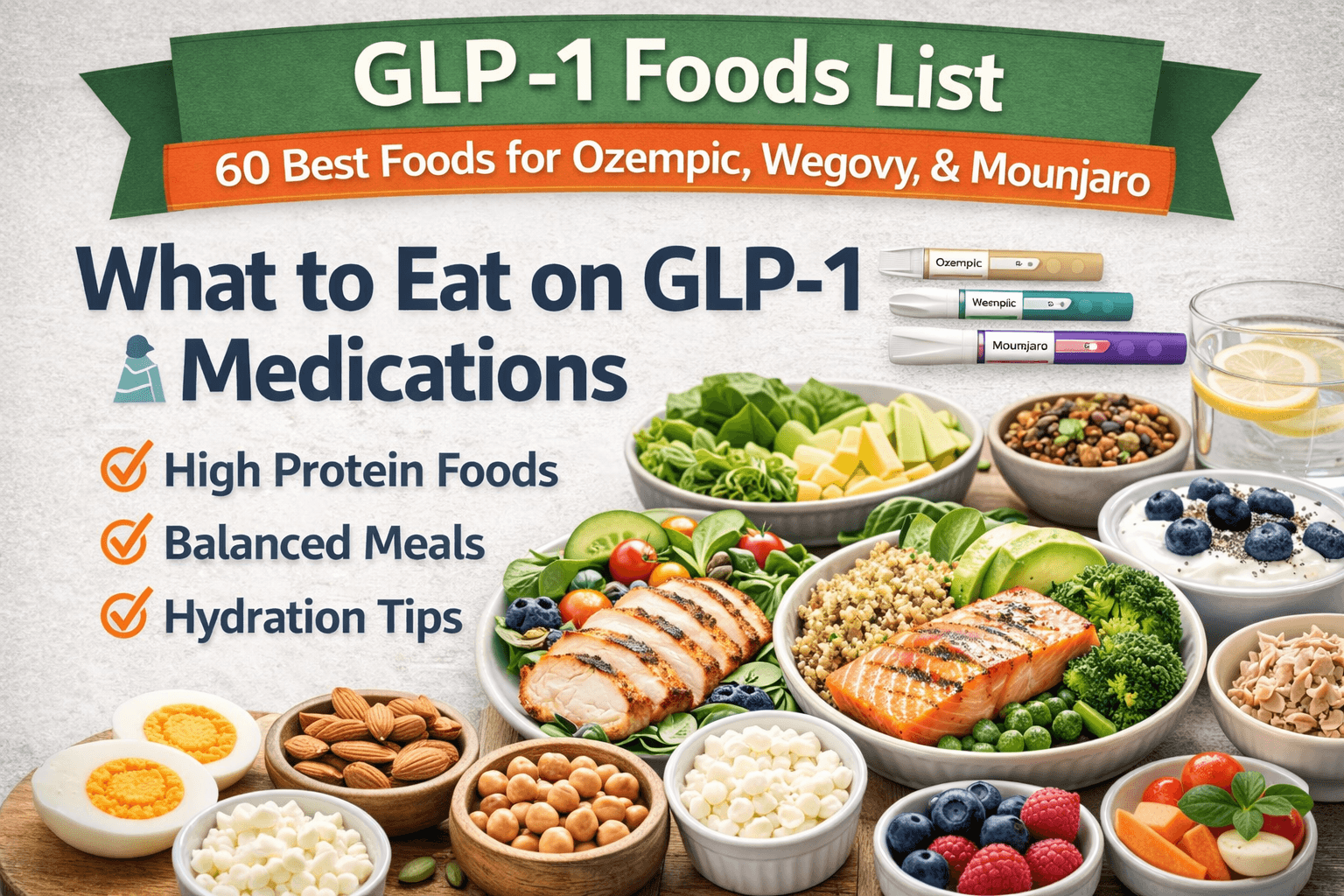 GLP-1 foods list showing high protein meals and balanced foods recommended for Ozempic, Wegovy and Mounjaro users