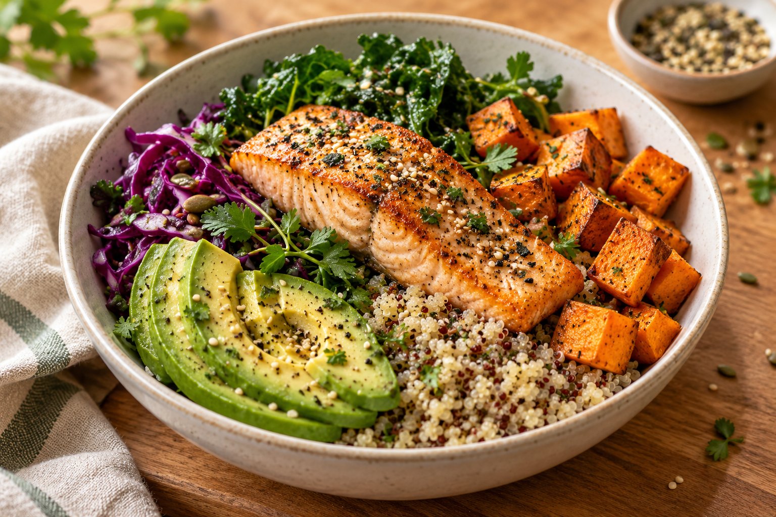 A balanced meal with colourful vegetables, grains and protein