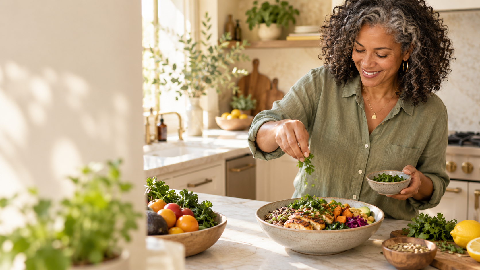 A woman preparing a colourful balanced meal in her kitchen